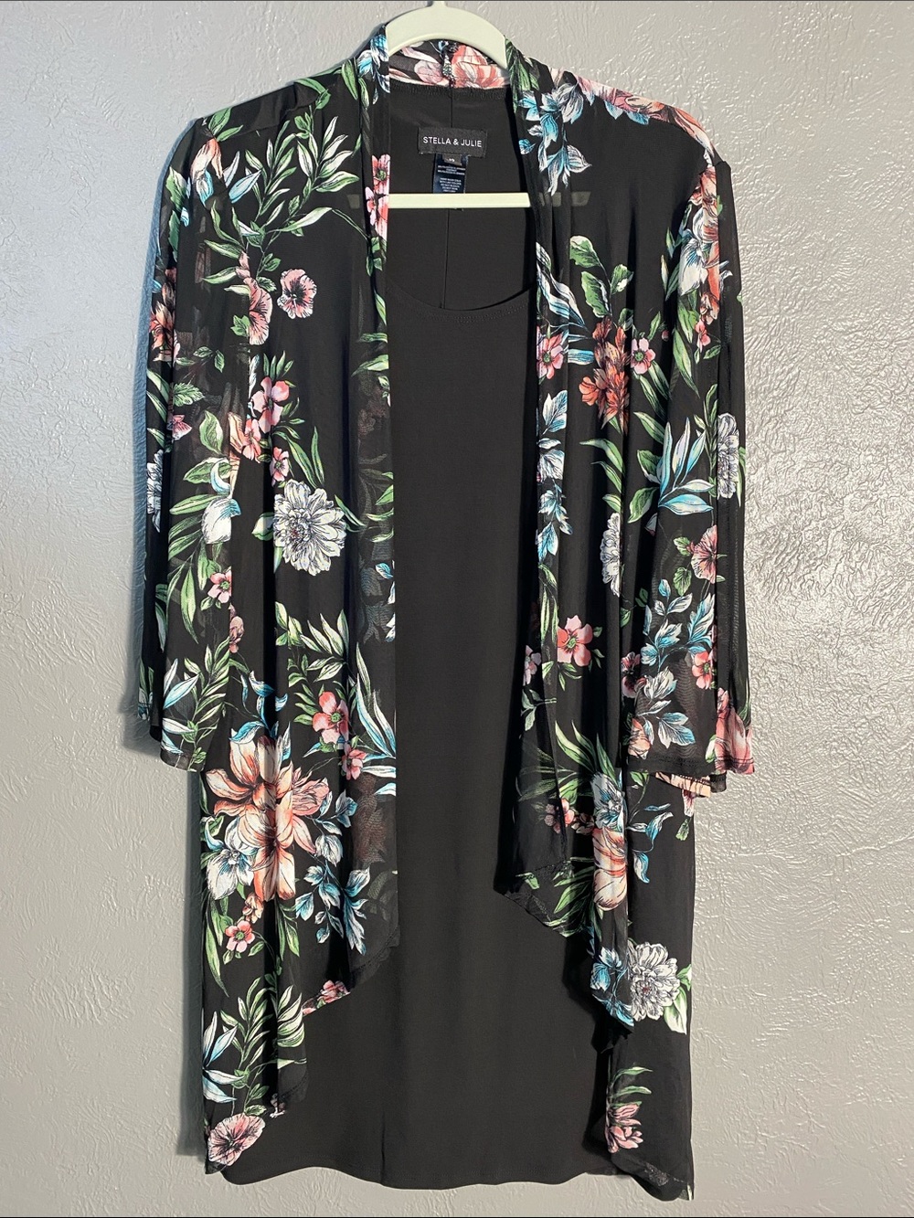 Stella & Julie Layered Floral Overlay Dress Size 12 Black Sheath Open Front